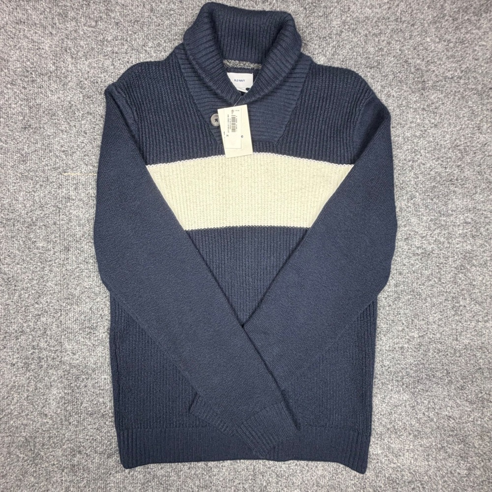 Old Navy Mens Shawl Collar Sweater Navy Blue Cream Stripe Cotton Blend Med NWT